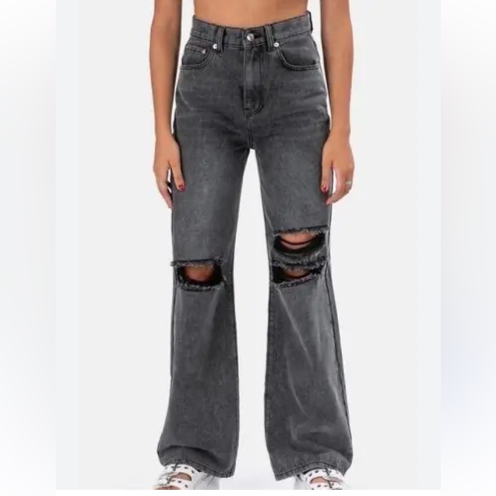 Adika Blaine High Rise Wide Leg Distressed Jeans in Washed Black